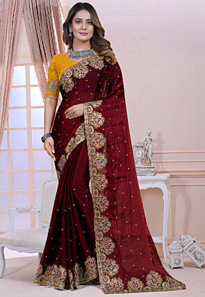 Embroidered Satin Georgette Saree in Maroon