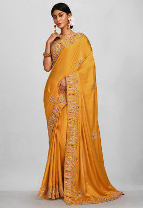 Embroidered Satin Georgette Saree in Mustard