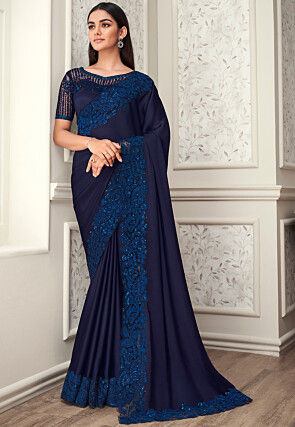 Embroidered Satin Georgette Saree in Navy Blue