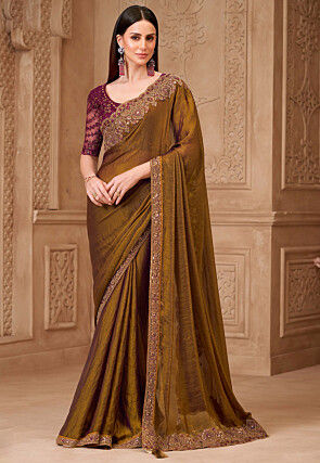 Embroidered Border Satin Georgette Saree in Olive Green