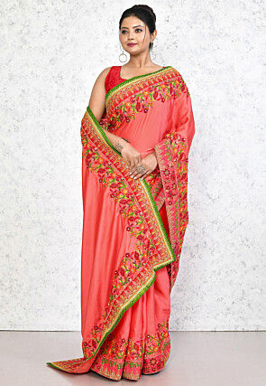 Embroidered Satin Georgette Saree in Peach