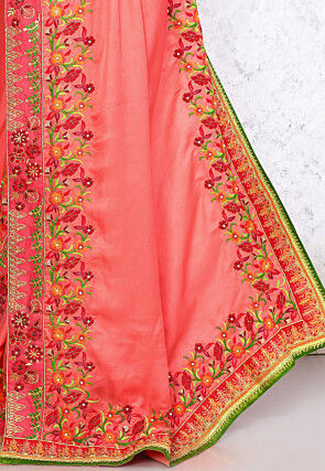 Embroidered Satin Georgette Saree in Peach