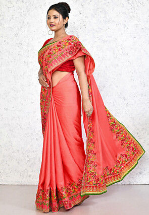 Embroidered Satin Georgette Saree in Peach