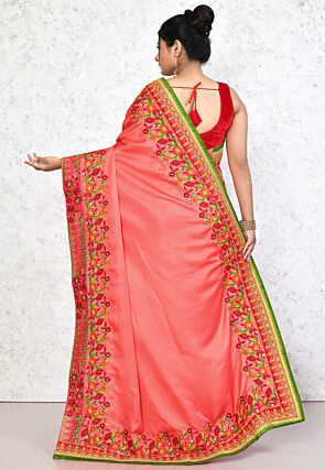 Embroidered Satin Georgette Saree in Peach