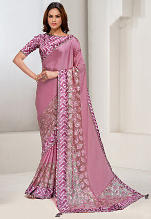 Embroidered Satin Georgette Saree in Pink