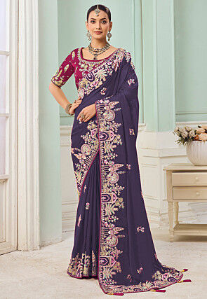 Embroidered Satin Georgette Saree in Purple