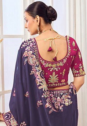 Embroidered Satin Georgette Saree in Purple