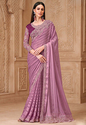 Embroidered Border Satin Georgette Saree in Purple