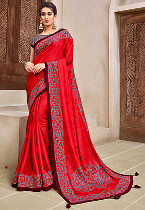 Embroidered Satin Georgette Saree in Red