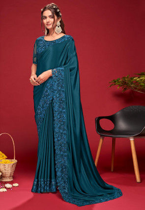 Embroidered Satin Georgette Saree in Teal Blue