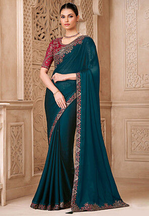 Embroidered Border Satin Georgette Saree in Teal Blue