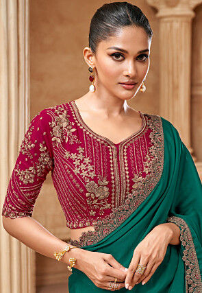 Embroidered Border Satin Georgette Saree in Teal Green
