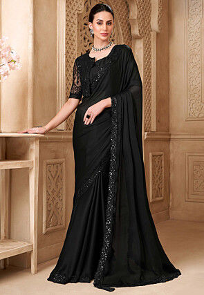 Embroidered Border Satin Georgette Scalloped Saree in Black