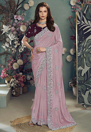 Embroidered Satin Georgette Scalloped Saree in Pink