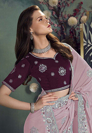 Embroidered Satin Georgette Scalloped Saree in Pink