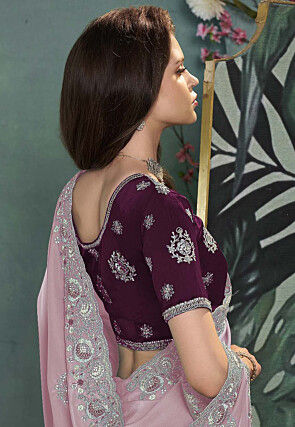 Embroidered Satin Georgette Scalloped Saree in Pink