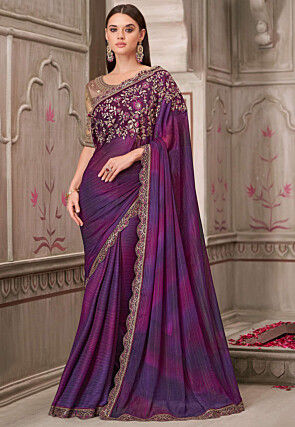Embroidered Satin Georgette Scalloped Saree in Purple