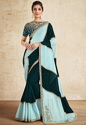 Embroidered Satin Georgette Scalloped Saree in Sky Blue and Teal Blue