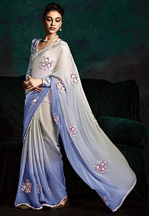 Embroidered Satin Georgette Shimmer Saree in Cream and Blue