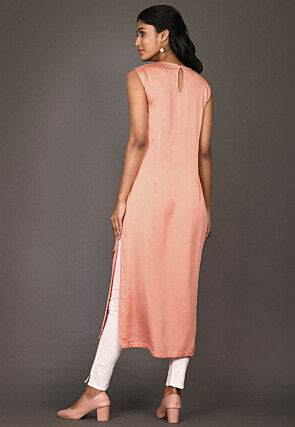 Embroidered Satin Georgette Straight Kurta in Peach