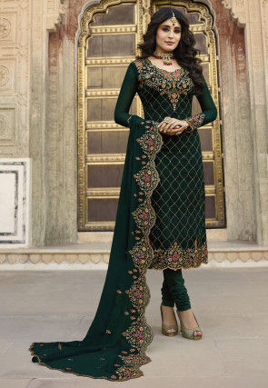 Party Wear Salwar Suit Clothing Womens Clothing Blazers & Suits Reception Salwar Suit Dark Green Pure Georgette Beautiful Salwar Kameez With Thread Embroidery With Sequins Work 