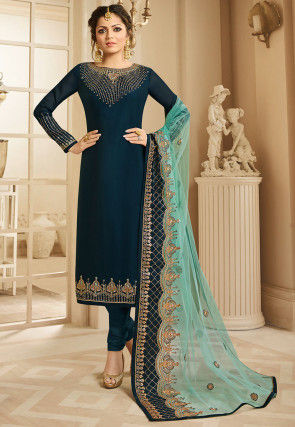 Embroidered Satin Georgette Straight Suit in Dark Teal Blue