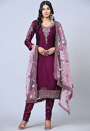 Embroidered Satin Georgette Straight Suit in Magenta