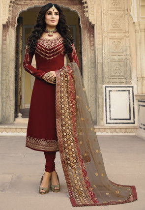 Embroidered Georgette Straight Suit in Maroon