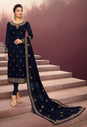Embroidered Satin Georgette Straight Suit in Navy Blue