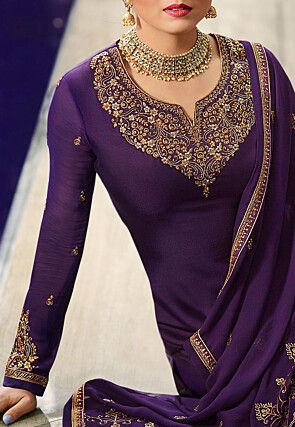 Embroidered Satin Georgette Straight Suit in Purple