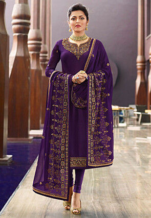 Embroidered Satin Georgette Straight Suit in Purple