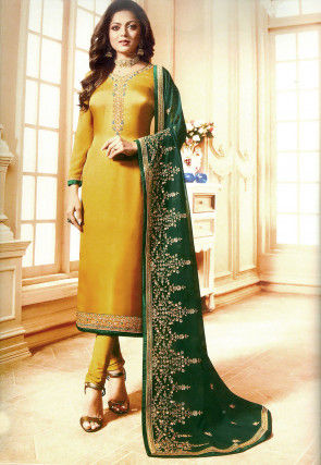 Embroidered Satin Georgette Straight Suit in Yellow