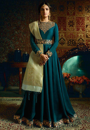 Embroidered Satin Gorgette Abaya Style Suit in Teal Blue