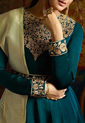 Embroidered Satin Gorgette Abaya Style Suit in Teal Blue
