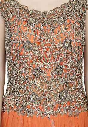 Embroidered Satin Gown in Light Orange and Golden