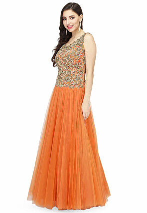 Embroidered Satin Gown in Light Orange and Golden
