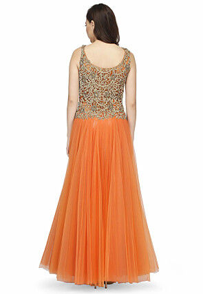 Embroidered Satin Gown in Light Orange and Golden