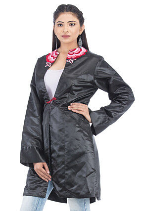 Embroidered Satin Jacket in Black