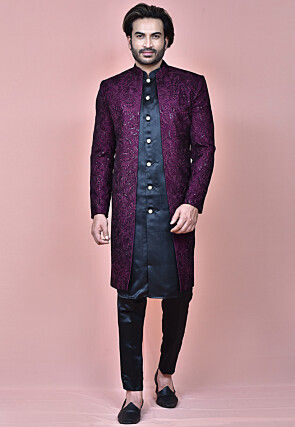 Embroidered Satin Jacket Style Sherwani in Navy Blue and Purple