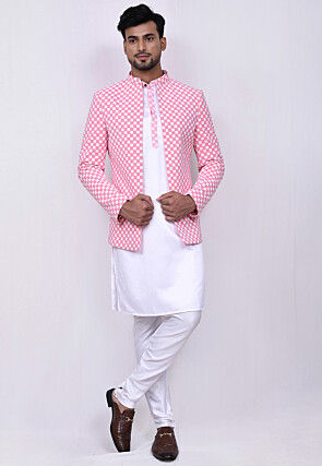 Embroidered Satin Kurta Jacket Set in Off White and Peach