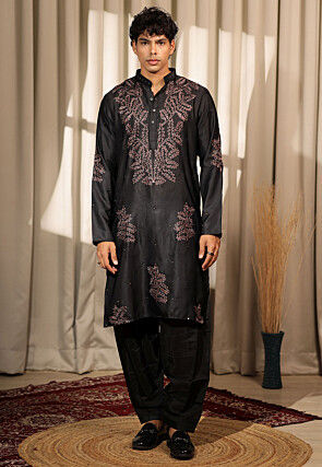 Embroidered Satin Kurta Set in Black