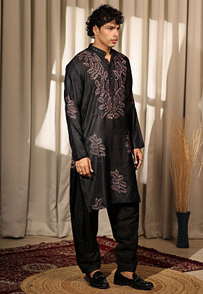 Embroidered Satin Kurta Set in Black