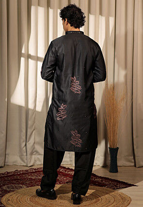 Embroidered Satin Kurta Set in Black