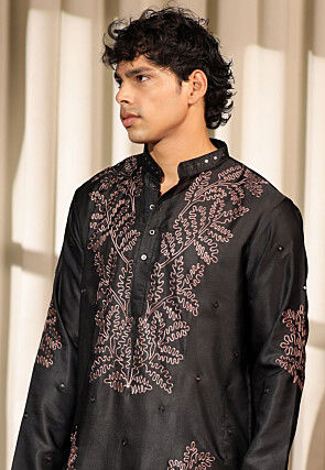 Embroidered Satin Kurta Set in Black