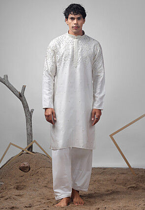 Embroidered Satin Kurta Set in Off White