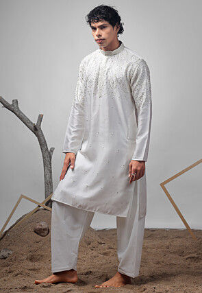 Embroidered Satin Kurta Set in Off White