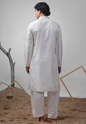 Embroidered Satin Kurta Set in Off White