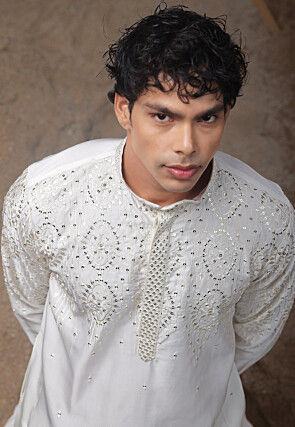 Embroidered Satin Kurta Set in Off White