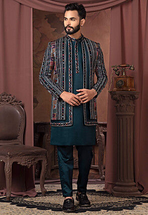 Embroidered Satin Kurta Set in Teal Blue
