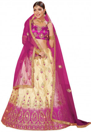 Embroidered Satin Lehenga in Beige and Magenta